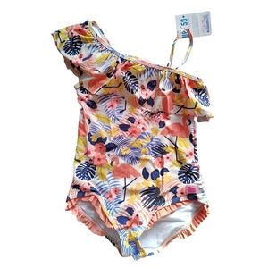 Ruffle Butts Tropical Floral Flamingo One-Shoulder Swimsuit